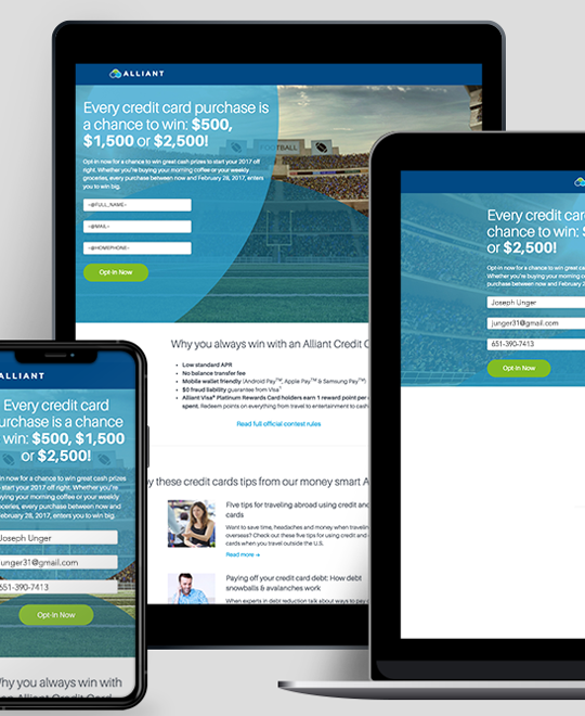 Mobile device mockups with Alliant Credit Union promo campaign