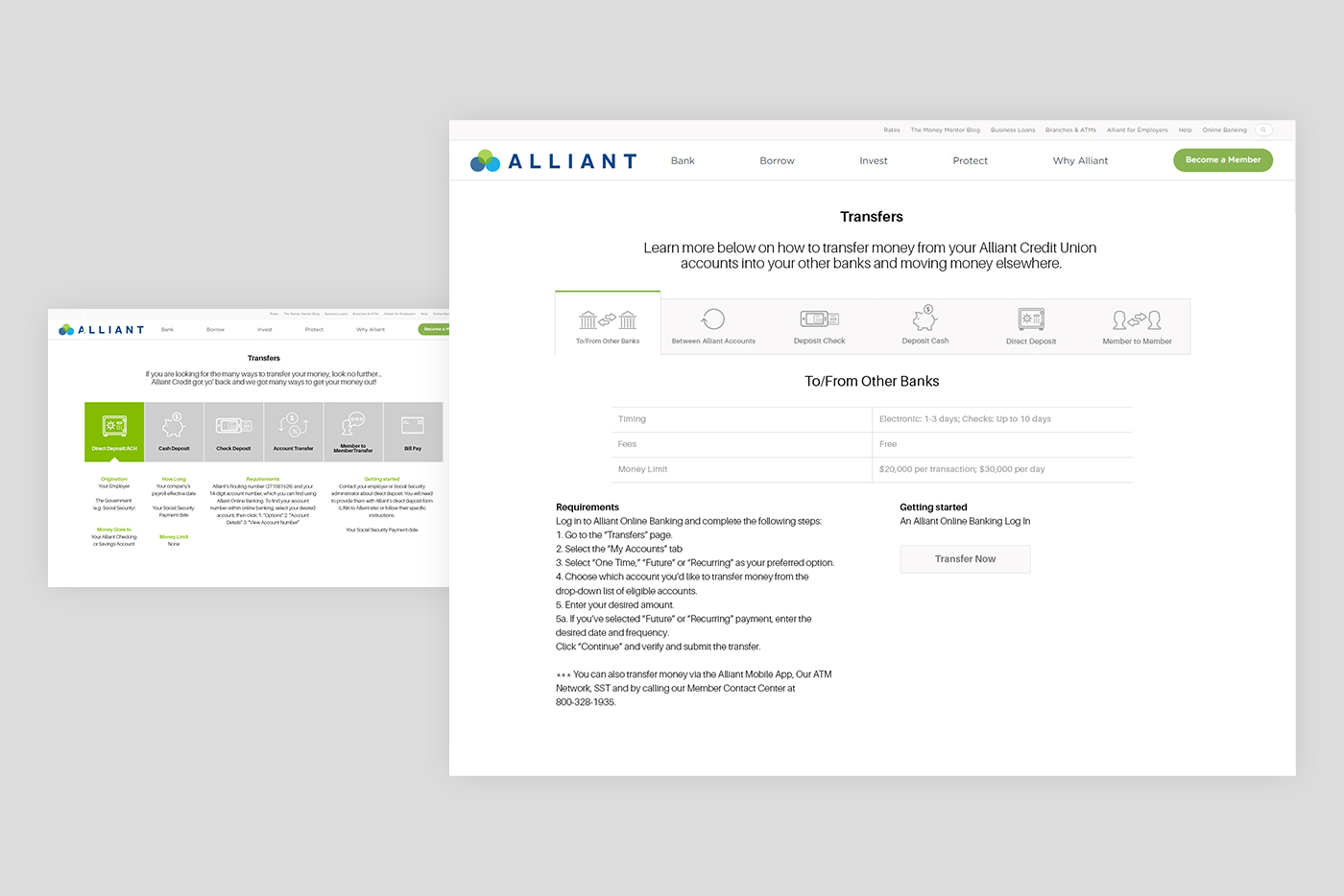 Mockup of a transfer page before and after