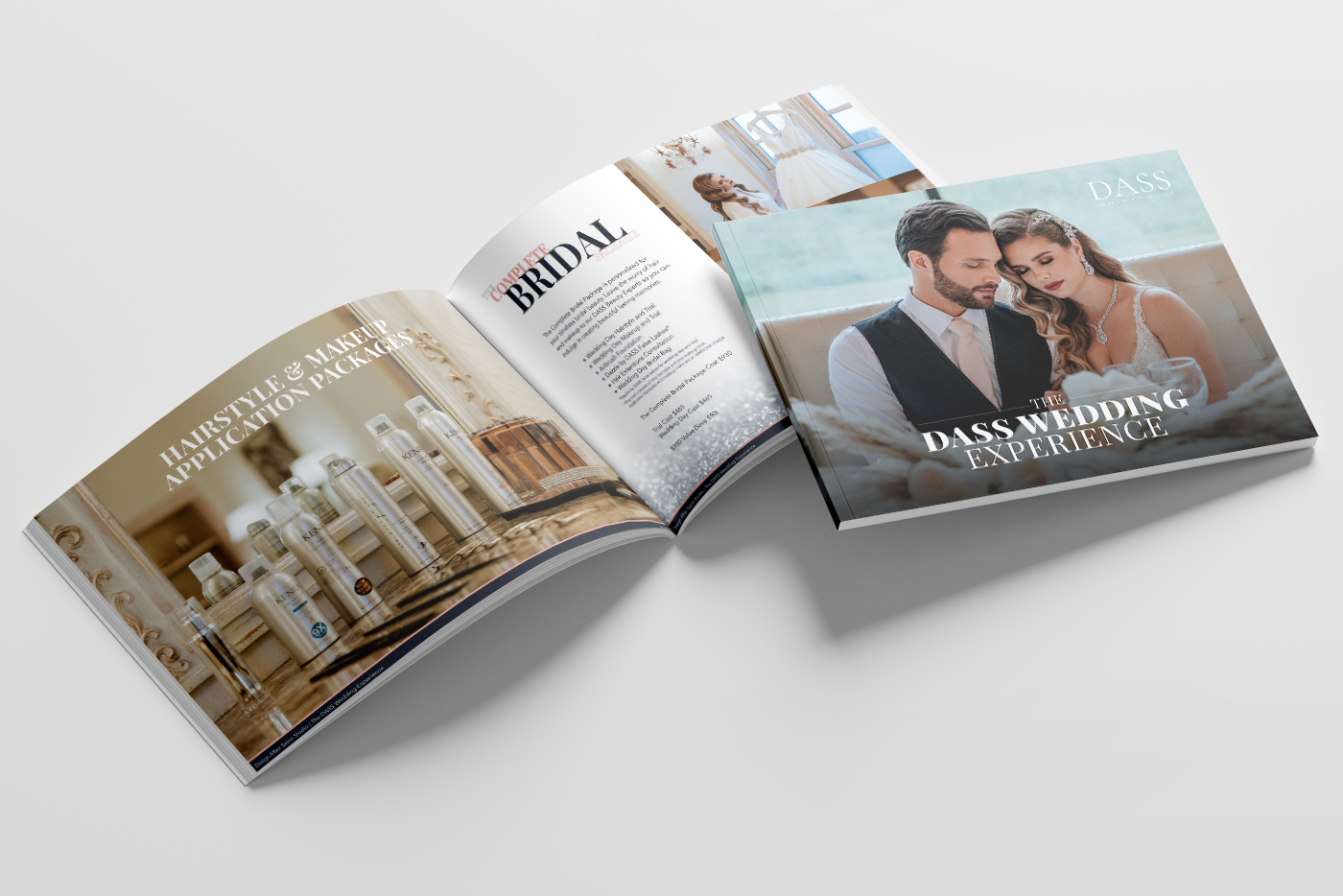 Mockup of opened page of a DASS brochure and the front cover