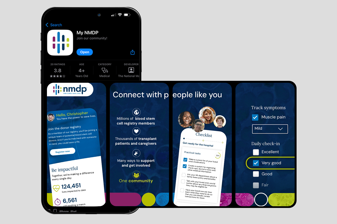 Phone mockup of the My NMDP phone with 4 slider images for the Apple App Store