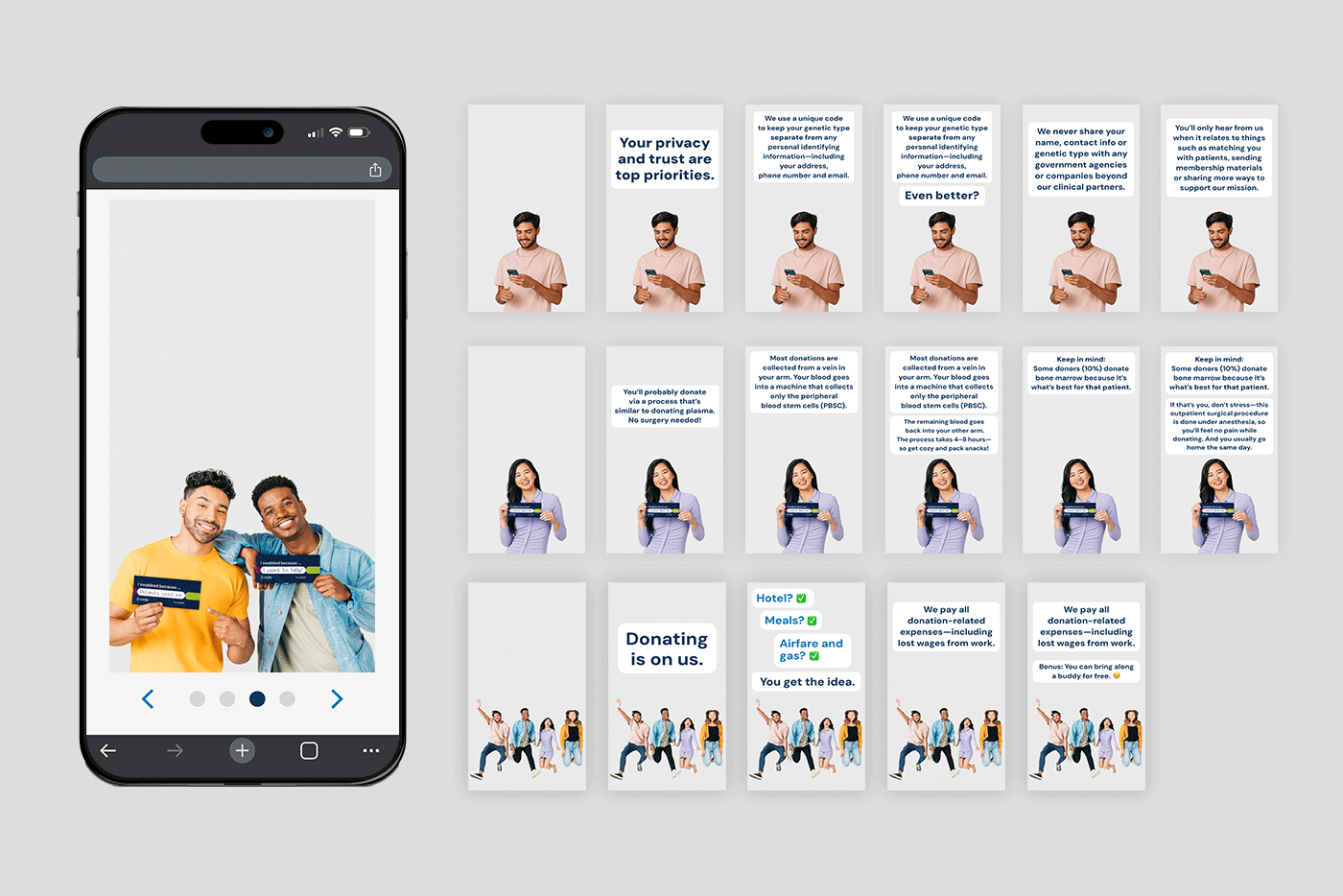 Phone mockup animation for My NMDP app with 3 rows of other animated concept slides