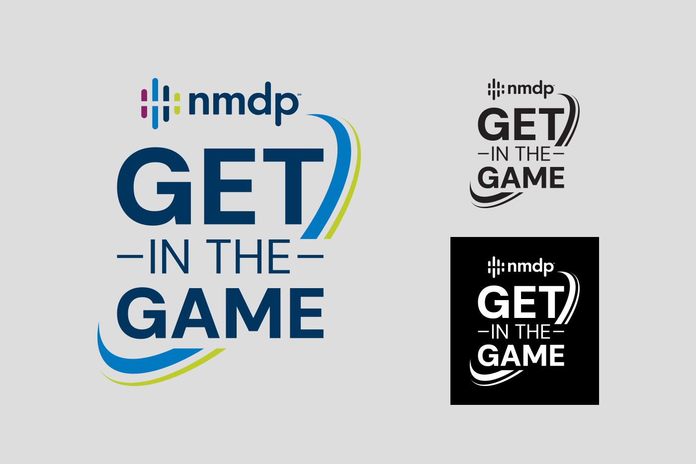 Final NMDP Get In The Game logo in full color, white and black