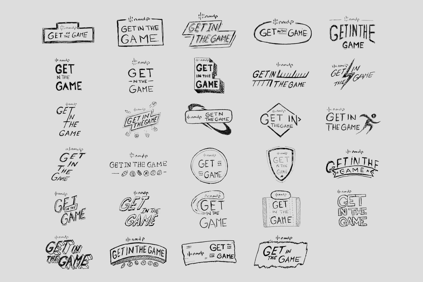 Many sketches of NMDP Get In The Game logo concepts