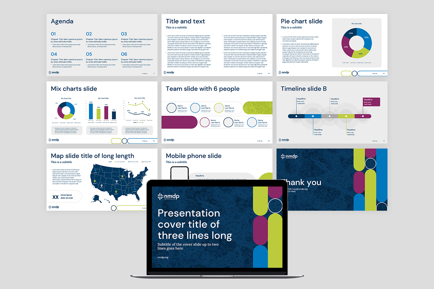 Laptop screen mockup with 10 PowerPoint slides