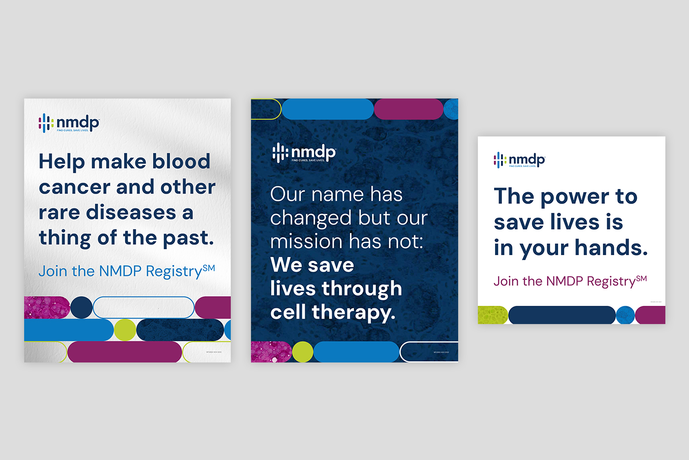 Three mockups of NMDP posters for recruitment drives