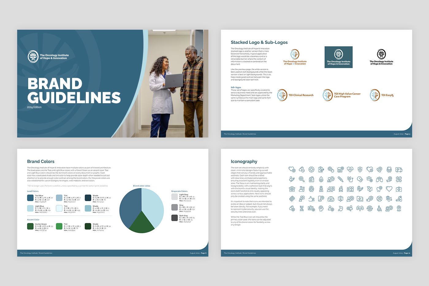 Four sample pages of the TOI brand guidelines