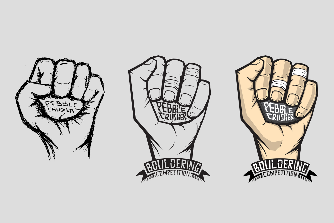 Pebble Crusher logo from sketch to vector to full color concept